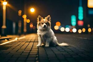 foto papel de parede a cidade, cachorro, noite, rua, luzes, cidade, luzes, paisagem urbana. gerado por IA