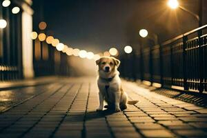 uma cachorro sentado em uma rua às noite. gerado por IA foto