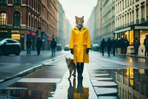 uma mulher dentro uma amarelo capa de chuva e uma cachorro dentro uma amarelo casaco. gerado por IA foto