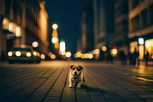 uma cachorro é em pé dentro a meio do uma cidade rua às noite. gerado por IA foto