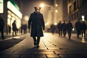 uma cachorro vestindo uma casaco e caminhando baixa uma rua às noite. gerado por IA foto