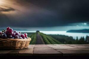 uvas dentro uma cesta em uma de madeira mesa. gerado por IA foto