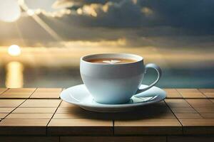 uma copo do café em uma de madeira mesa com uma Visão do a oceano. gerado por IA foto