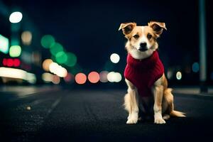 uma cachorro vestindo uma vermelho suéter senta em a rua às noite. gerado por IA foto