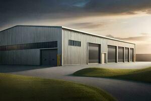 uma ampla industrial construção com uma ampla garagem porta. gerado por IA foto