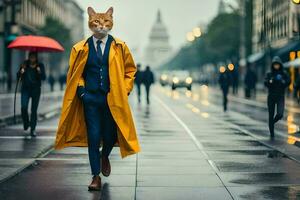 uma gato vestindo uma amarelo capa de chuva e gravata caminhando baixa uma rua. gerado por IA foto