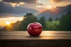 uma vermelho maçã senta em uma de madeira mesa dentro frente do uma pôr do sol. gerado por IA foto