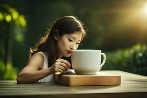 uma mulher é sentado às uma mesa com uma copo do café. gerado por IA foto