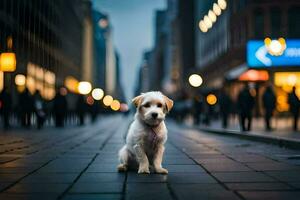 uma cachorro senta em a calçada dentro uma cidade. gerado por IA foto