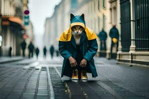 uma pessoa vestindo uma capa de chuva e amarelo sapatos em uma rua. gerado por IA foto