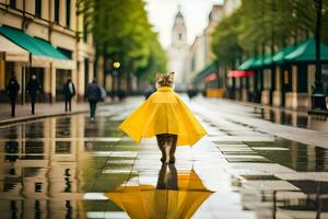 uma cachorro vestindo uma amarelo capa de chuva caminhando baixa uma rua. gerado por IA foto