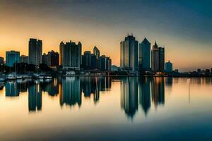 a cidade Horizonte é refletido dentro a água às pôr do sol. gerado por IA foto