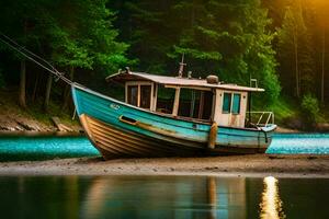 uma barco senta em a costa do uma lago. gerado por IA foto