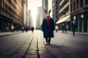 uma Coelho vestindo uma casaco e gravata em pé em uma rua. gerado por IA foto