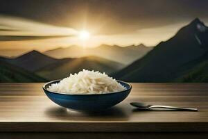 uma tigela do arroz em uma mesa com montanhas dentro a fundo. gerado por IA foto