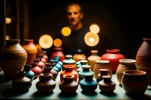 uma homem é em pé dentro frente do uma mesa com muitos vasos. gerado por IA foto