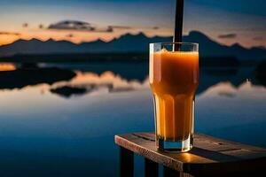 uma vidro do laranja suco em uma de madeira mesa negligenciar uma lago. gerado por IA foto