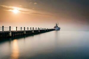 uma barco é ancorado às a fim do uma cais às nascer do sol. gerado por IA foto