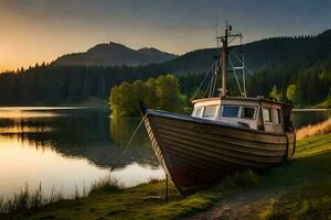 uma barco senta em a costa do uma lago às pôr do sol. gerado por IA foto