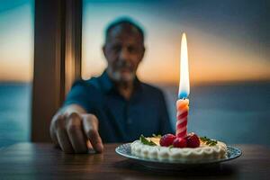 homem segurando uma aniversário bolo com uma aceso vela. gerado por IA foto