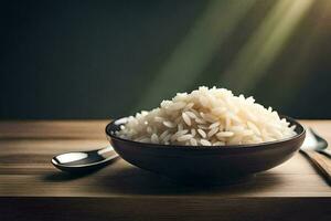 uma tigela do branco arroz em uma mesa com uma garfo e colher. gerado por IA foto