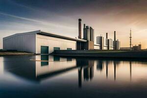 uma fábrica com uma ampla água corpo e uma ampla prédio. gerado por IA foto