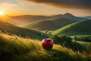 a maçã dentro a pôr do sol. gerado por IA foto