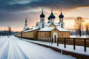uma Igreja dentro a neve com dois azul cúpulas. gerado por IA foto