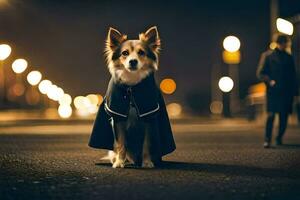 uma cachorro vestindo uma capa em a rua às noite. gerado por IA foto