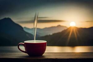 uma copo do café em uma de madeira mesa dentro frente do uma lago com montanhas dentro a fundo. gerado por IA foto