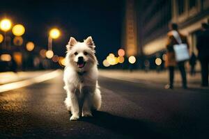 uma branco cachorro sentado em a rua às noite. gerado por IA foto