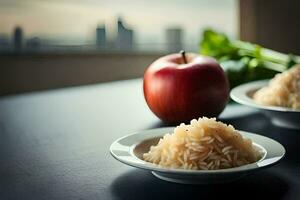 arroz e maçã em uma mesa com uma cidade visualizar. gerado por IA foto