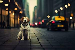 uma cachorro sentado em a rua dentro uma cidade. gerado por IA foto