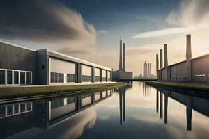 industrial edifícios com água e uma pôr do sol. gerado por IA foto