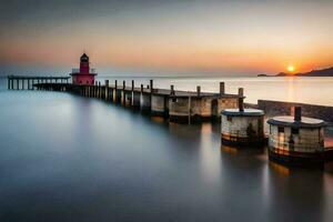 uma grandes exposição fotografia do uma farol às pôr do sol. gerado por IA foto