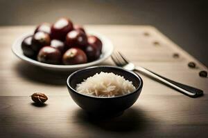 uma tigela do arroz e uma prato do nozes. gerado por IA foto