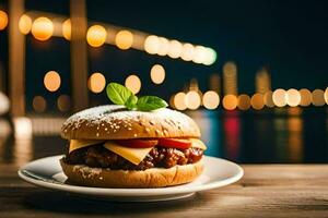 uma Hamburger com queijo e tomate em uma placa. gerado por IA foto