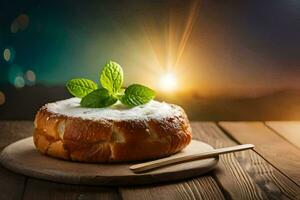 uma pão com creme e hortelã em uma de madeira mesa. gerado por IA foto