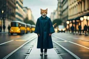 uma pessoa vestindo uma gato mascarar em a rua. gerado por IA foto