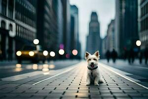 uma pequeno cachorro sentado em a rua dentro uma cidade. gerado por IA foto