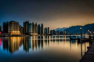 a cidade do dubai às crepúsculo. gerado por IA foto