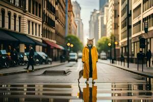 uma mulher dentro uma amarelo casaco e uma cachorro em uma cidade rua. gerado por IA foto