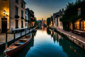 uma barco é ancorado dentro uma limitar canal às pôr do sol. gerado por IA foto