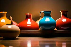 colorida vasos em uma de madeira prateleira. gerado por IA foto