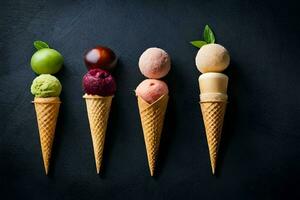 diferente gelo creme sabores dentro cones em uma Preto fundo. gerado por IA foto