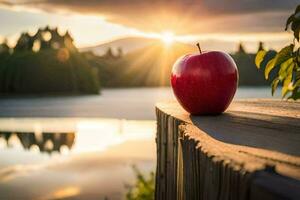 a maçã senta em uma de madeira grade negligenciar uma lago. gerado por IA foto