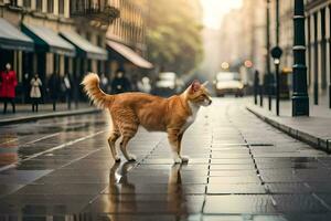 a laranja gato é caminhando em uma molhado rua. gerado por IA foto