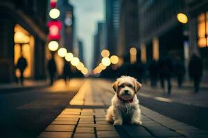 uma pequeno cachorro sentado em a calçada dentro uma cidade. gerado por IA foto