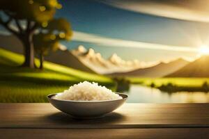 uma tigela do arroz em uma mesa dentro frente do uma montanha panorama. gerado por IA foto