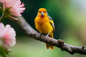 uma amarelo e laranja pássaro senta em uma ramo. gerado por IA foto